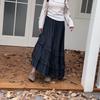 French Style Autumn Winter Women Maxi Long Skirt High Waist Light Blue Black Denim Skirt Layered Ruffles Irregular Princess Skirt
