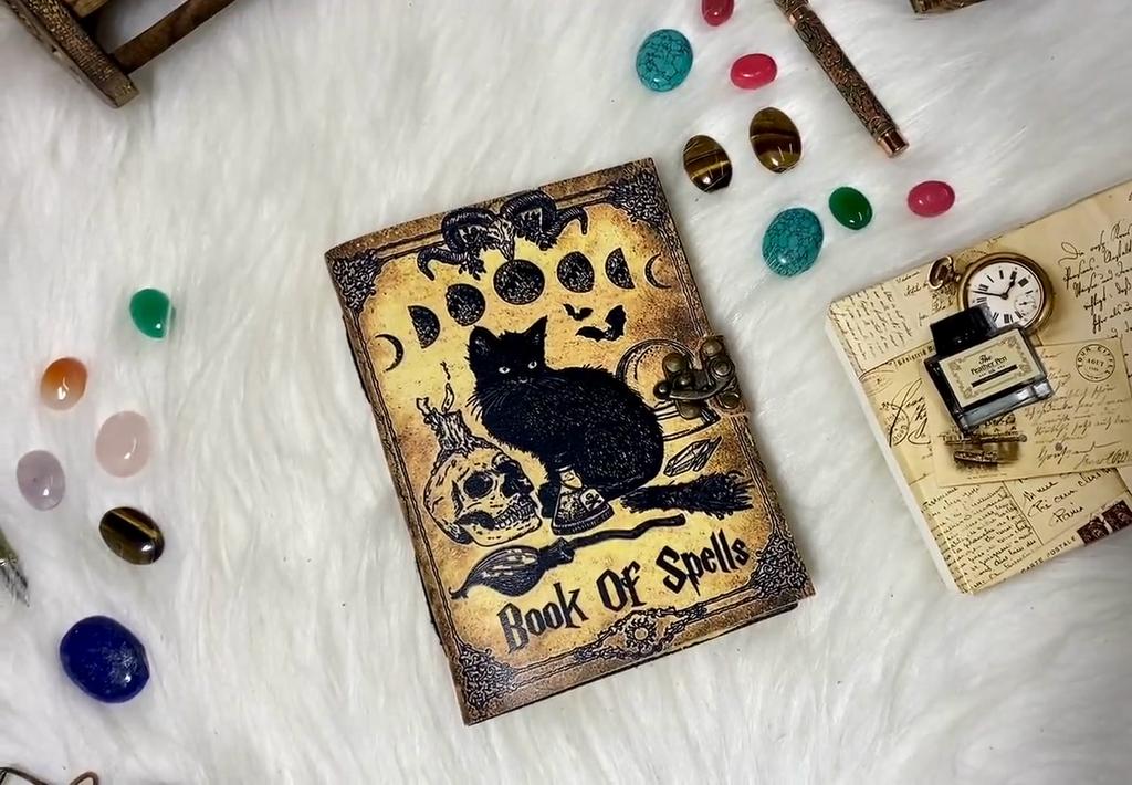 Book of Shadows Grimoire Journal Magic Cat Printed Witchcraft Supplies Witch Wiccan Notebook Handmade Deckle Paper Great Gifts