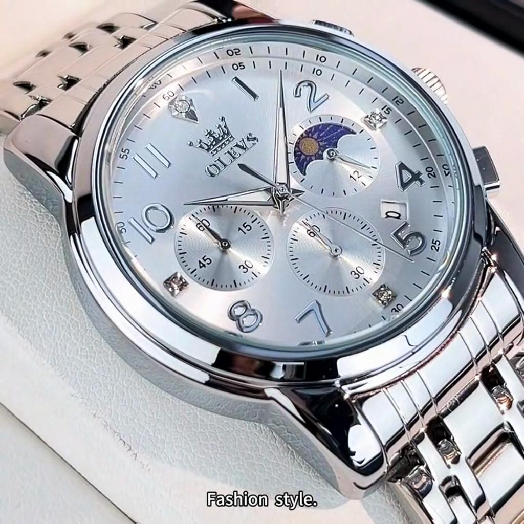 OLEVS Mulitifunction Quartz Watch for Men Original Stainless Steel Waterproof Luminous Chronograph Moon Phase Man Watch
