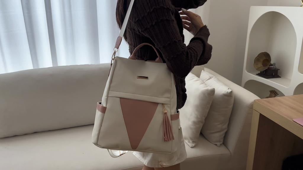 Anti-Theft Backpack Women's Color Contrast Commuter Backpack Large Capacity Multi-Function Tassel Shoulder Bag