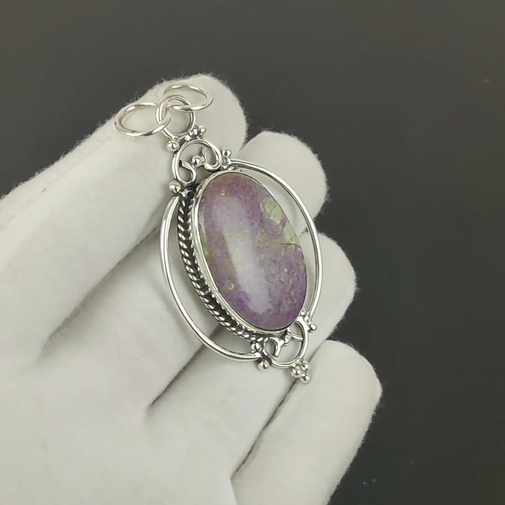 Natural Purpurite Gemstone Pendant, 925 Sterling Silver Handmade Pendant, Boho Silver Pendant, Unisex Pendant Thanksgiving Gifts For Women's