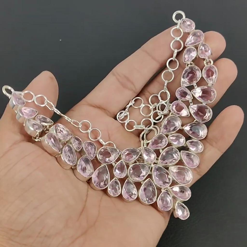 Pink Kunzite Gemstone Handmade 925 Sterling Silver Necklace, Pink Kunzite Silver Necklace For Wife, Unisex Necklace Wadding Gift For Wife