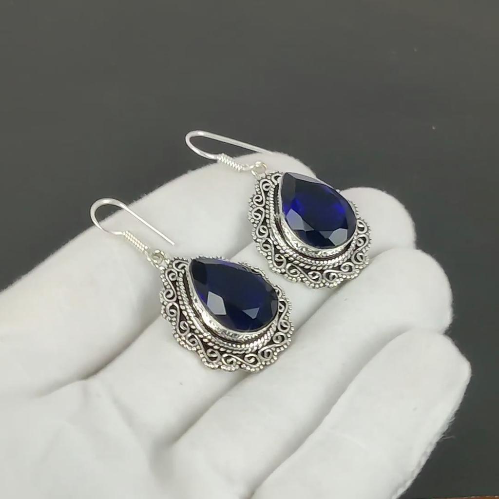 Blue Sapphire Gemstone Earrings, 925 Sterling Silver Earrings, Silver Earrings For Gift, Blue Sapphire Dangle Drop Earrings For Christmas Gifts