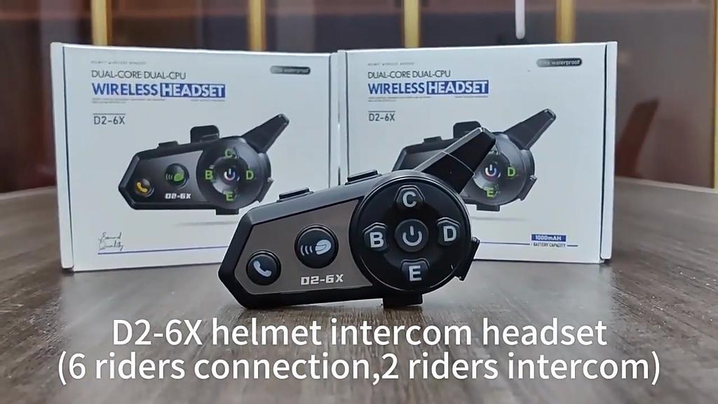 D2-6X 1000m Helmet Intercom Motorcycle Bluetooth Headset Moto Wireless Interphone Communicator for 6 Riders Music Share Waterproof