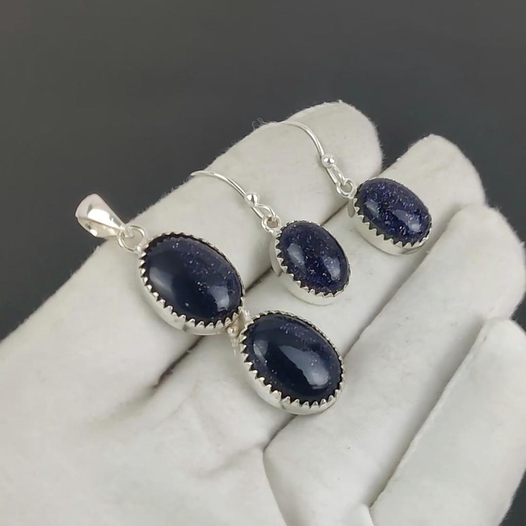 Blauer Sonnenstein Anhänger Set, Blauer Sonnenstein Edelstein Handarbeit 925 Sterling Silber Ohrring Anhänger Set für Frauen Anhänger Watte Geschenk
