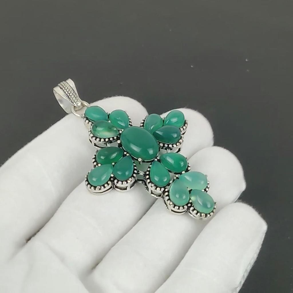 Green Onyx Cross Pendant, 925 Sterling Silver Handmade Jewelry, Green Onyx Silver Pendant, Party Wear Jewelry For Women's, Pendant Party Wear Gift