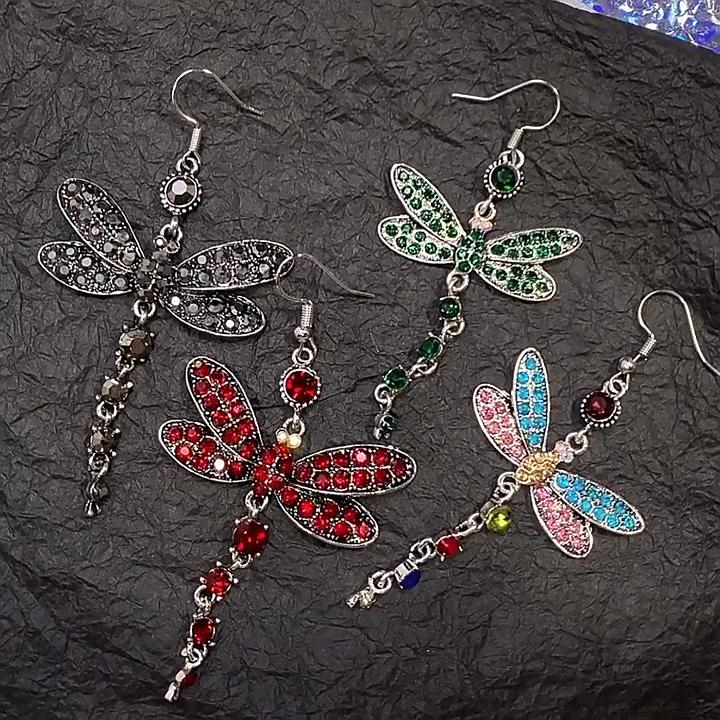 Gorgeous Colors Dragonfly Crystal Rhinestone Silver Plated Hook Earrings