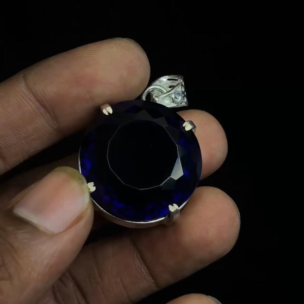 Natural Blue Topaz Pendant Round 85.25 Ct Gemstone 925 Sterling Silver CERTIFIED my-416-k