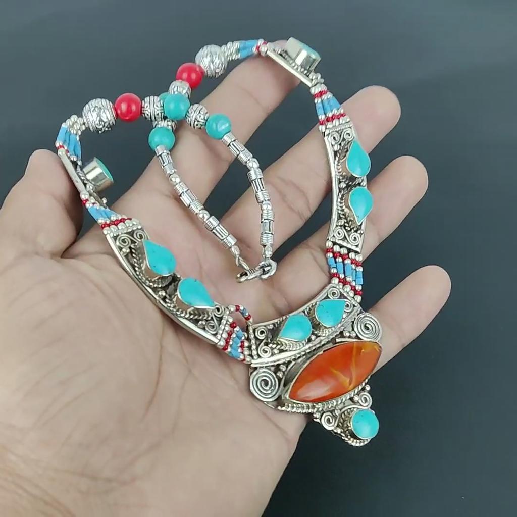 Red Coral, Turquoise 925 Silver Necklace Tibetan Silver Necklace Handmade Bead Jewelry Ethnic Jewelry Bohemian Nepali Necklace Elegant Unique Jewelry
