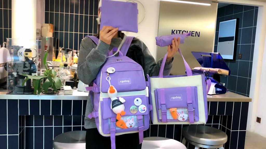 Block Color Backpack Set Student Schoolbag Canvas Contrast Female Large Capacity Backpack