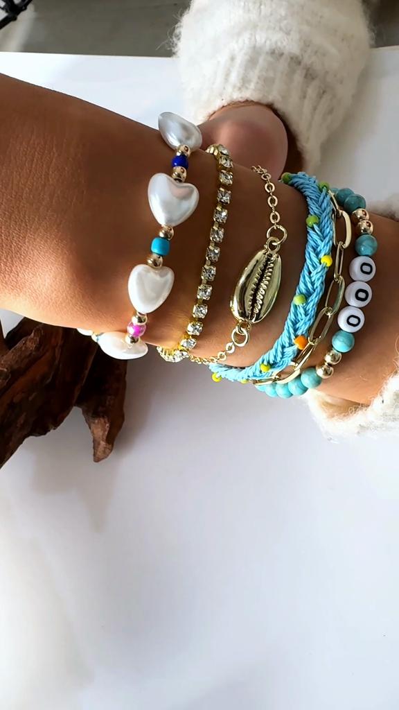 Cross Border Bohemian Style Imitation Turquoise Bead Shell Bracelet Vacation Style Letter Imitation Pearl Bracelet Set