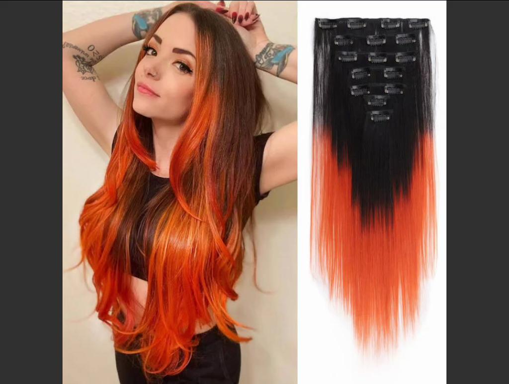 Clip In Hair Extensions 7PCS with 16Clips Short Straight Hair Hairpieces Black Orange Ombre Color