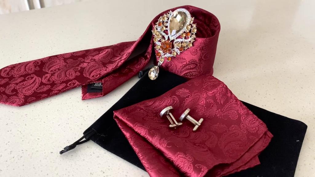 Set de cravate de mătase pentru bărbați, cachetele, burgundy, cu broșă, butoni, pentru petrecere, nuntă