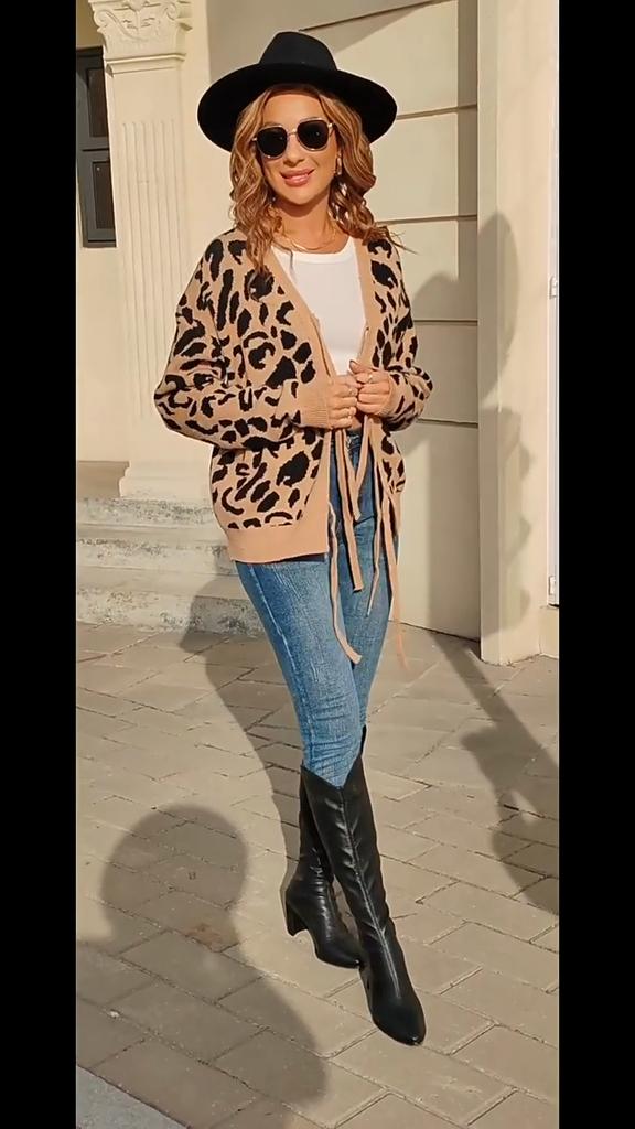 Neue Herbstkleidung Leopardenmuster Pullover Damen Strickjacke Locker Lässiger Wind Seilgestricktes Oberteil Jacke