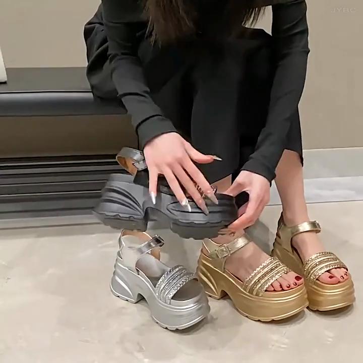 Women's Sandals for Summer Outdoor Wear, Light Luxury Rhinestone Thick-soled Roman Shoes, Exquisite All-match Sandals