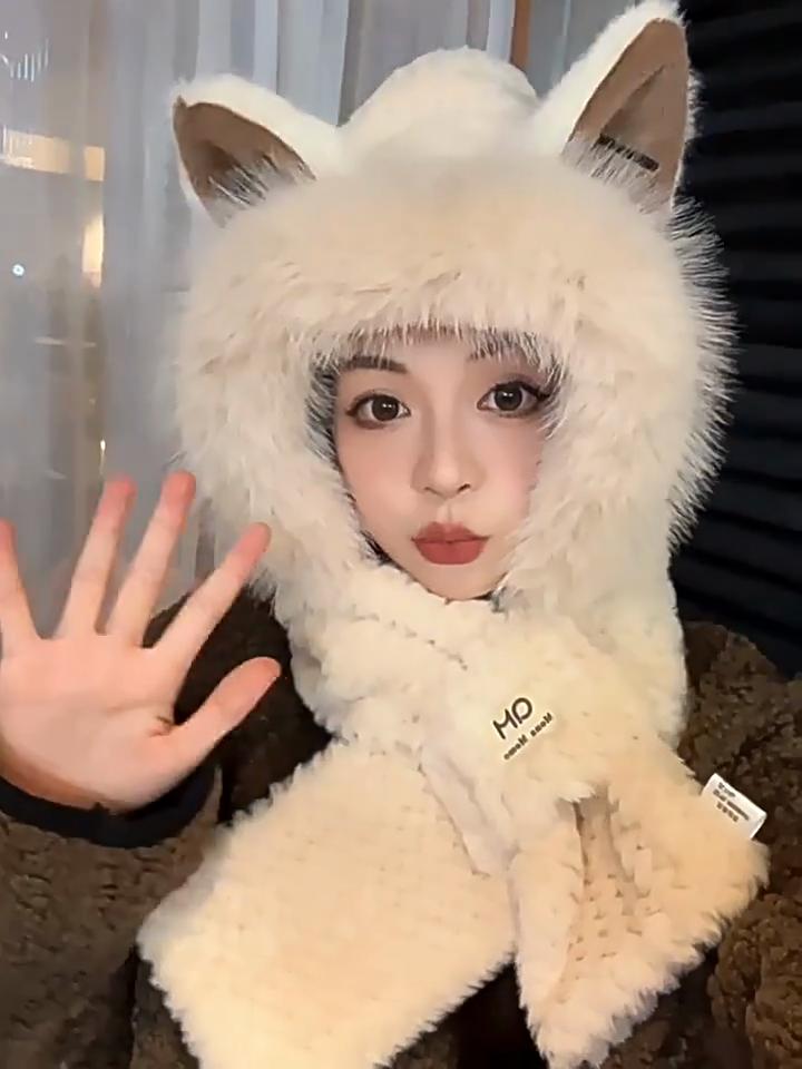 Women's Hat Autumn And Winter Cute Fluffy Fox Ears Hat Cycling Warm Hobbies Ear Protection Show Face Small Two-Piece Lei Feng Hat