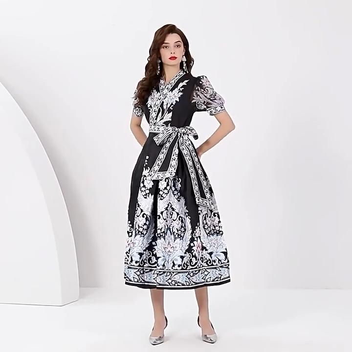 Rochie lungă imprimată cu mânecă lanternă de vacanță, cu decolteu în V, femei