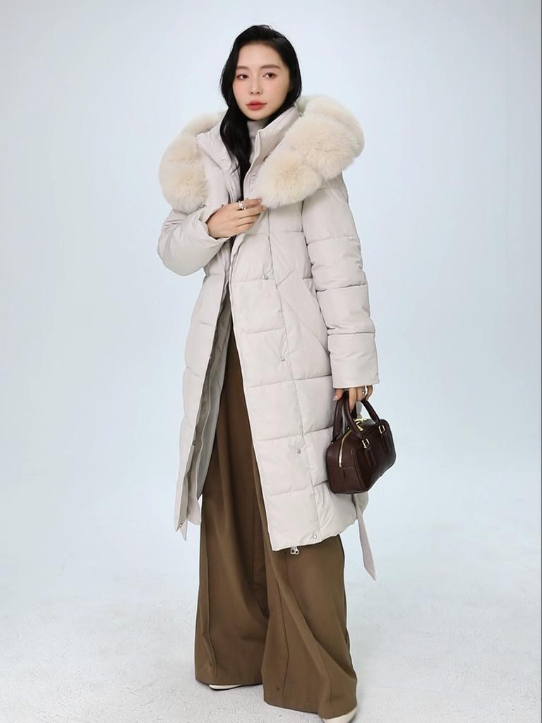 Dam Vinter Långa Kappor Med Huva Stor Fuskpäls Krage Elegant Tjock Varm Vinterparkas Kvinnlig Jacka Med Bälte