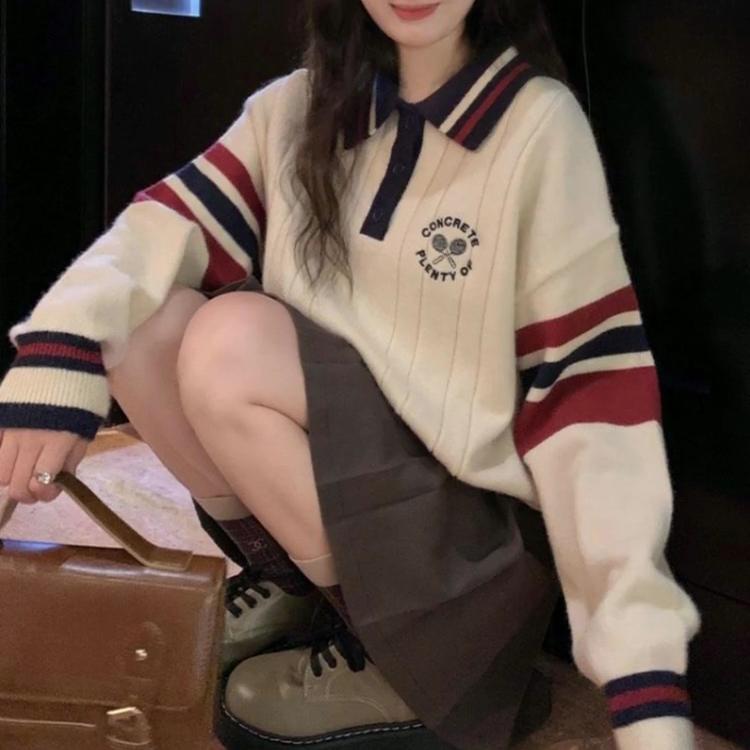 Preppy Style Polo-Neck Sweaters Autumn Winter Casual Striped Female Clothing Contrasting Colors Chic Embroidery Knitted Jumpers