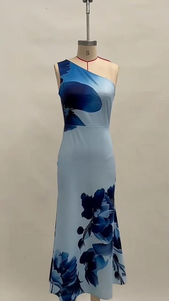 Women One Shoulder Floral Print Mermaid Maxi Dress Blue Elegant Bodycon Floor Length Evening Gown Formal Wedding Cocktail Party Dress