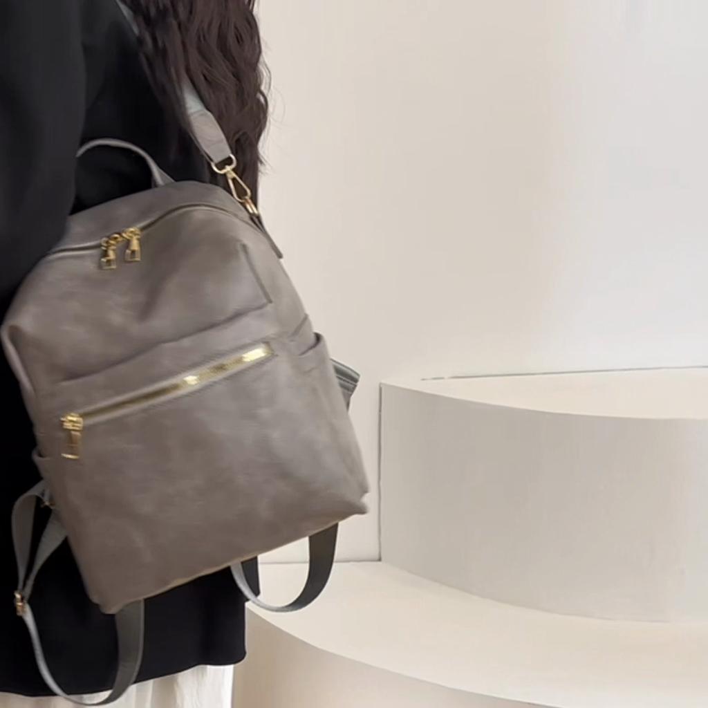 Vintage Solid Color Commuter Backpack Large Capacity Women PU Backpack Multifunctional Shoulder Bag