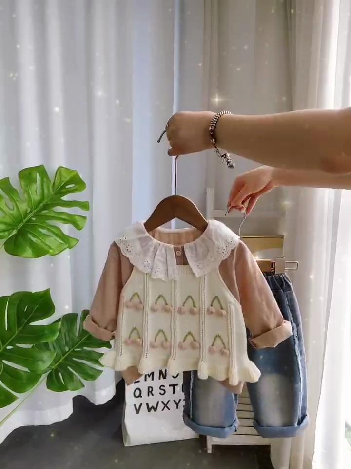 0-5-year-old girls' long sleeved 3-piece set, Girls' cherry patterned sweater vest, lapel shirt+casual pants set