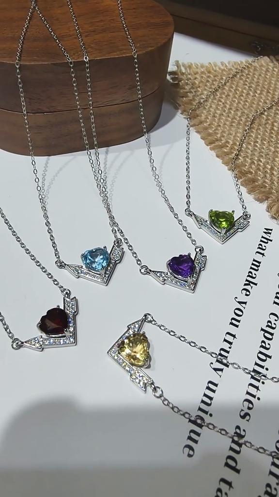 S925 Sterling Silver Arrow Through Heart Necklace Peridot Crystal Stone Cupid Collarbone Chain Valentine's Day Birthday Jewelry Gift for Women