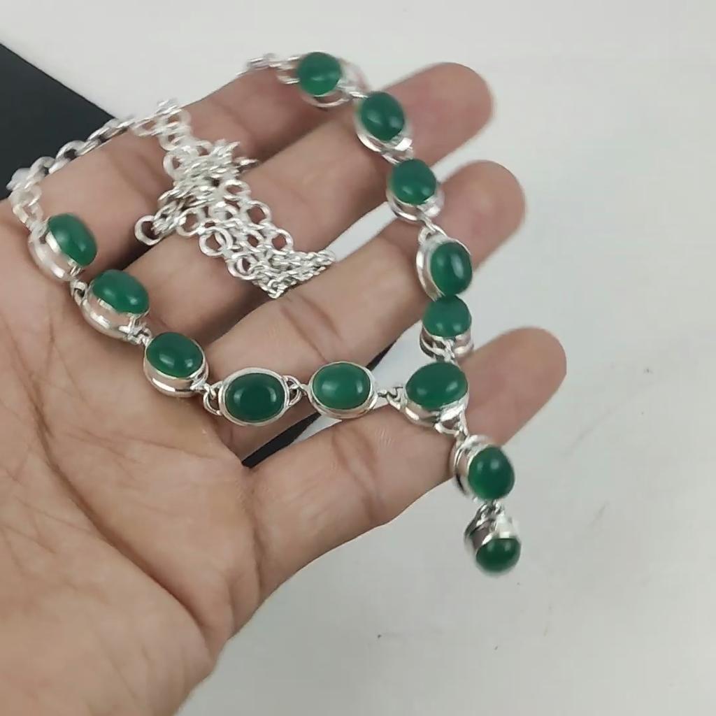 Colier Handmade din Argint Sterling 925 cu Piatră Prețioasă Onix Verde Natural, Colier din Argint cu Onix Verde pentru Soție, Colier Unisex, Cadou de Ziua de Naștere