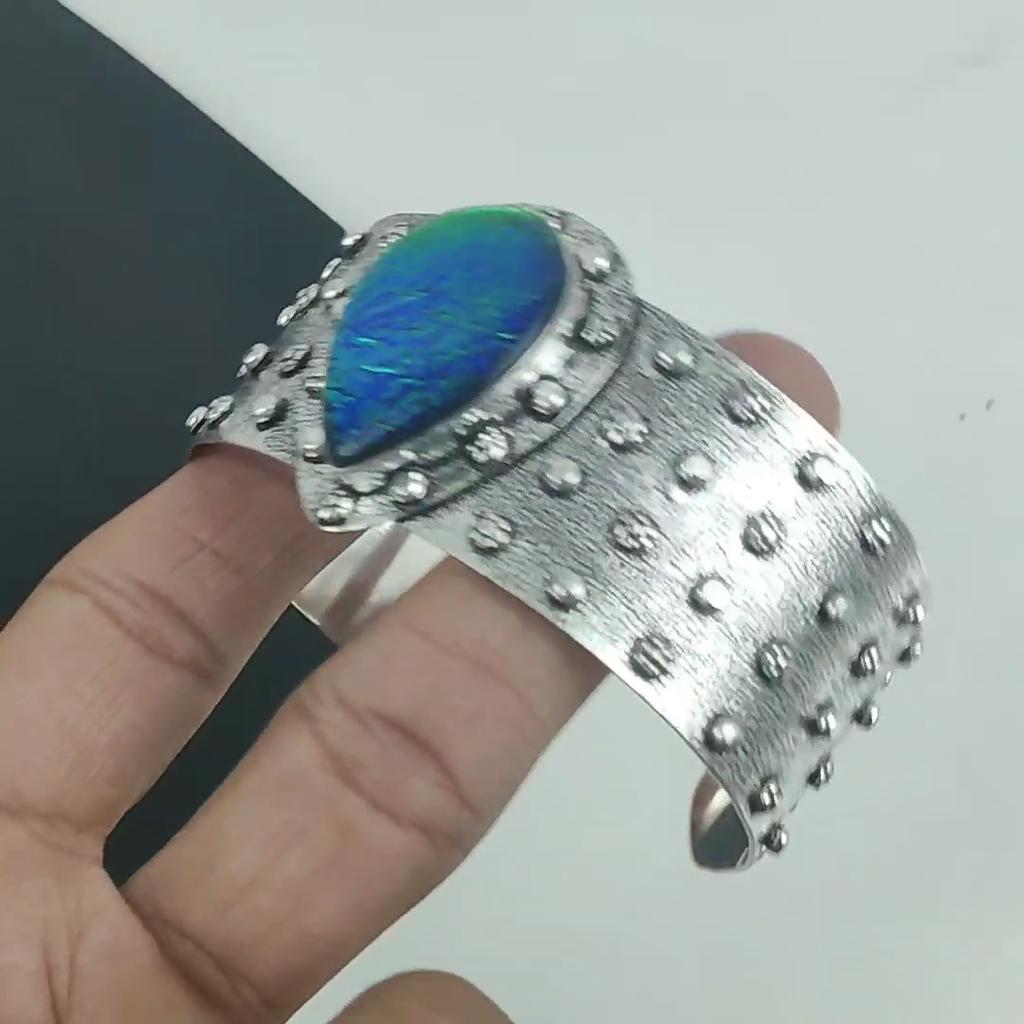 Natural Australian Triplet Opal Gemstone Handmade 925 Sterling Silver Cuff Bangle, Australian Triplet Opal Bangle,For Wife, Unisex Bangle,