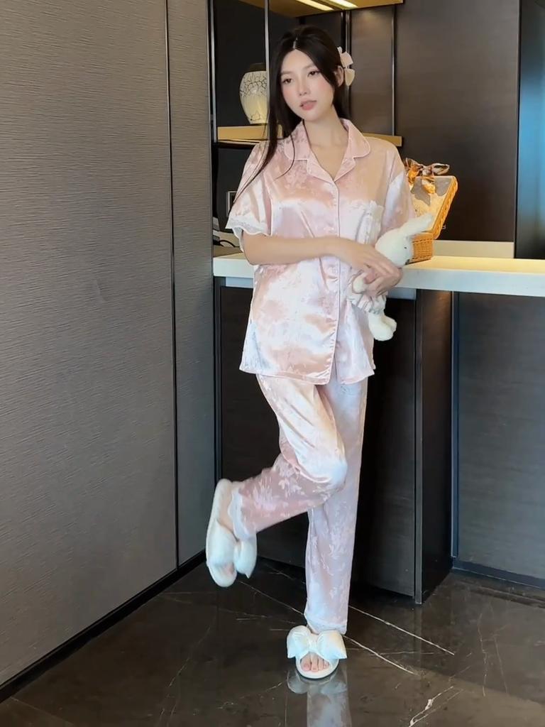 Women Sleepwear Sets Rest Summer Autumn Lace patchwork jacquard Pajamas Set Turn Down Collar Faux Silk Satin Short Sleeve Female Pijama Home Wear