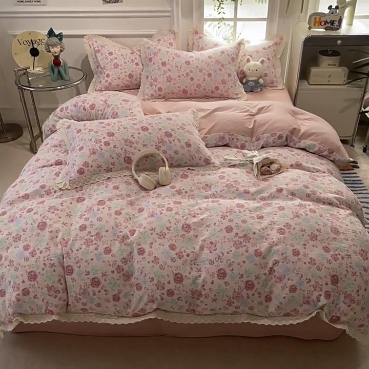 Small Fresh Lace Bedding Four-piece Set, Skin-friendly and Breathable, Washed Sheets, Quilt Covers, Pillowcases
