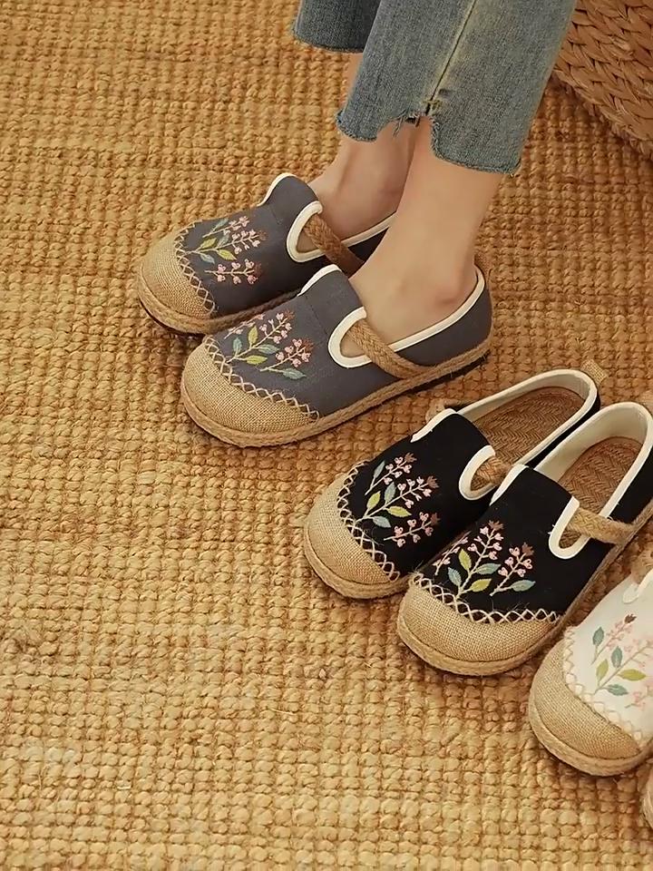 Johnature Ethnic Style Embroidered Cloth Shoes Handmade Cotton Linen Soft Sole Breathable Women's Flat Shoes