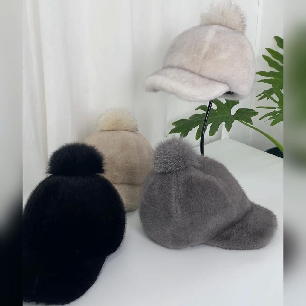 Imitation mink environmentally friendly duck tongue hat with adjustable female winter fur ball hat