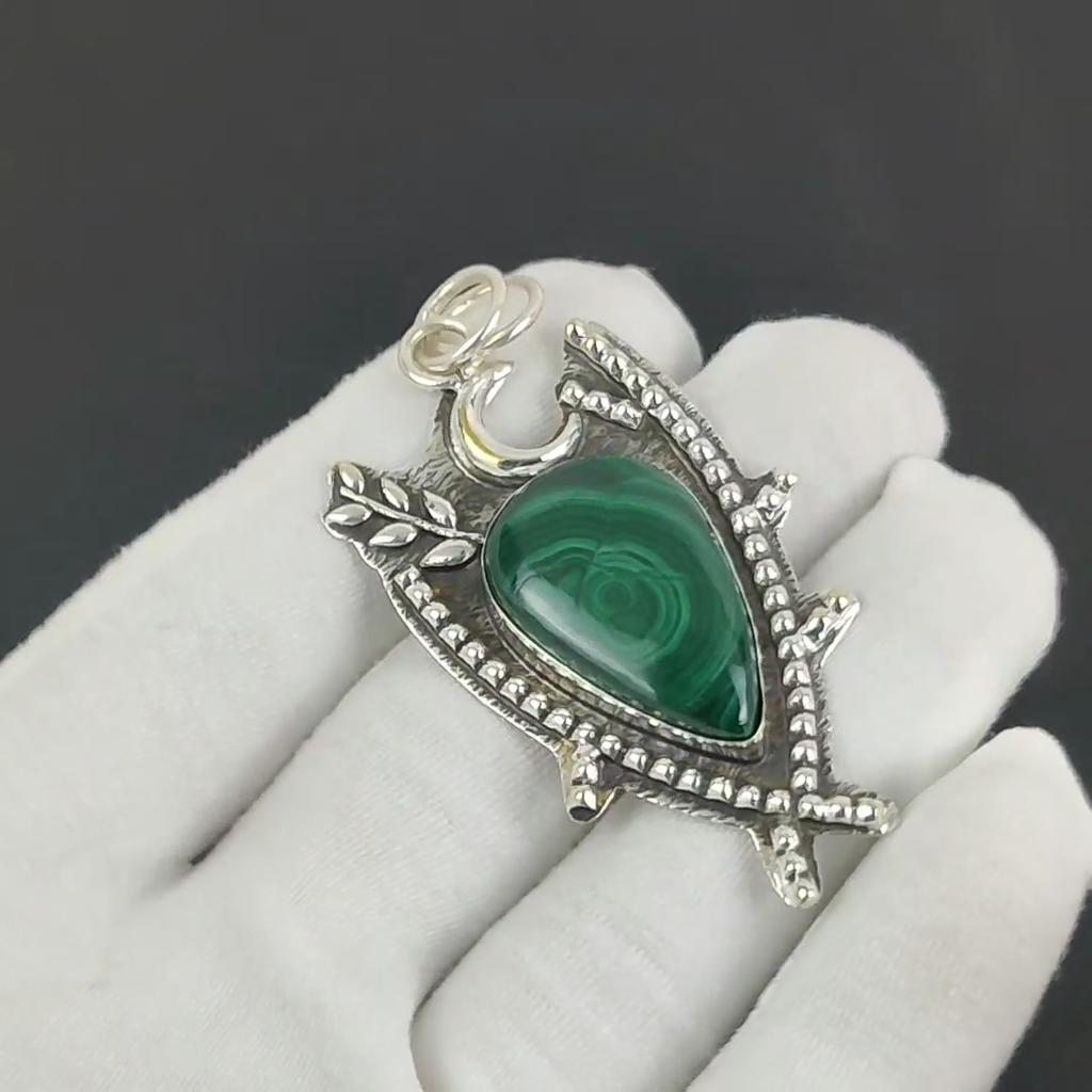 Natural Malachite Gemstone Silver Pendant In 925 Sterling Silver- Handmade Design, Everyday Wear Jewelry, Unique Pendant Wadding Gift