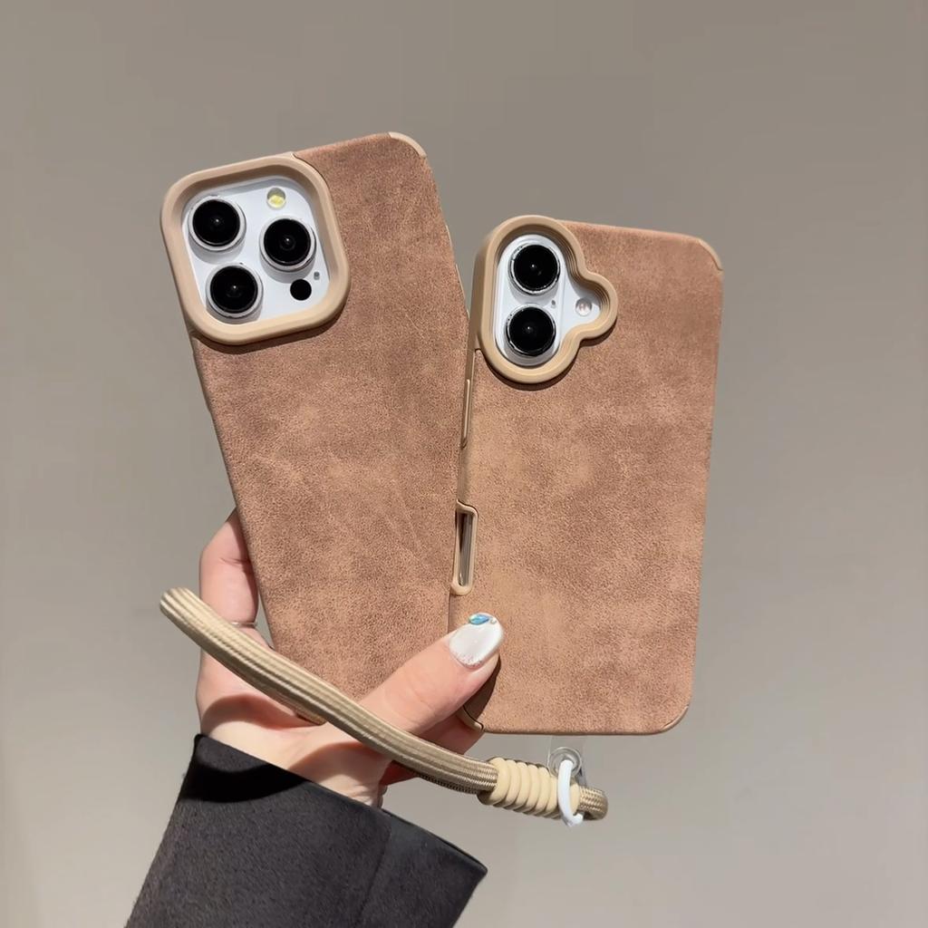 Simple Pure Color Leather Case + Lanyard Protective Shell Soft Silicone Case for iPhone