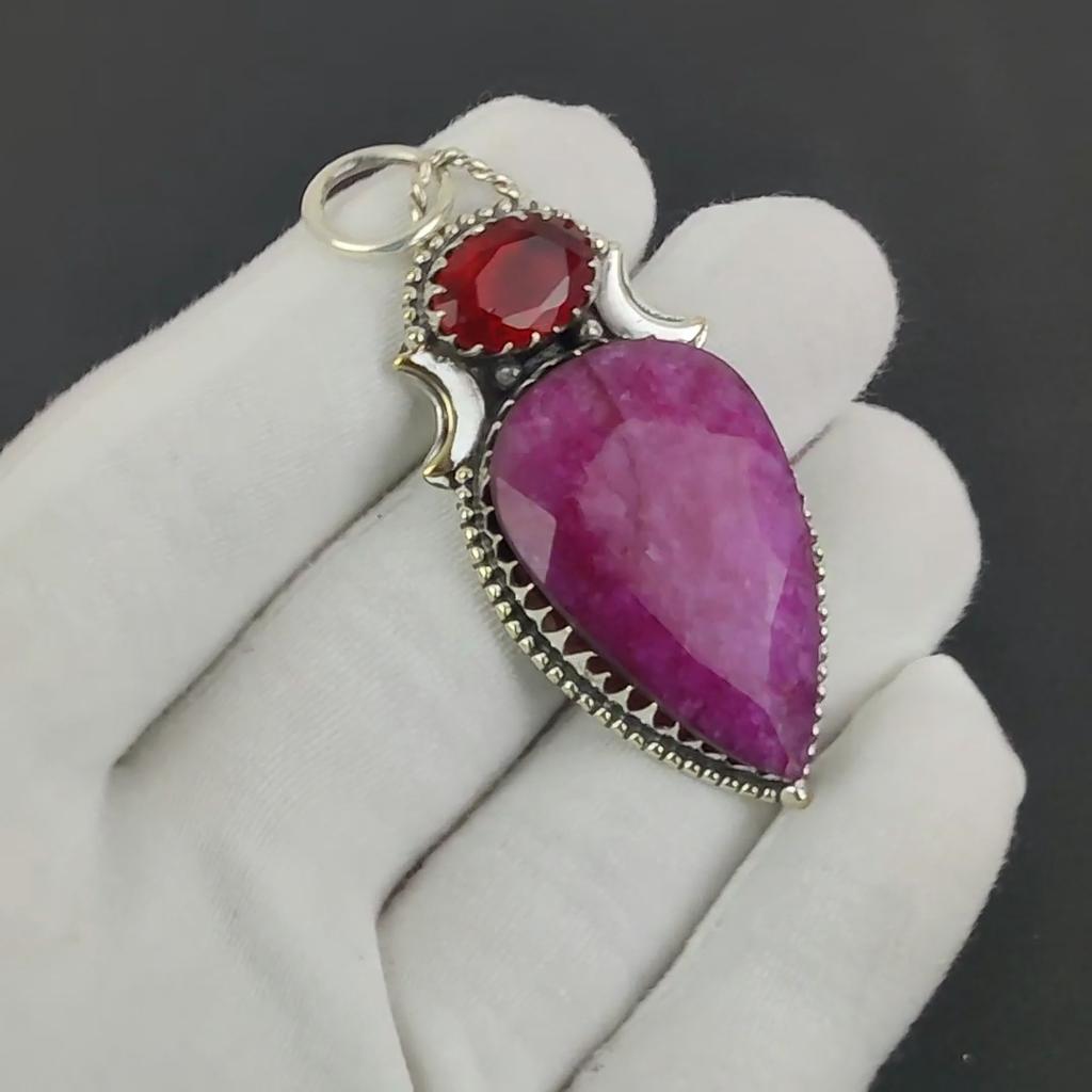 Dainty Kashmir Ruby, Garnet Gemstone Silver Pendant in 925 Sterling Silver - Handmade Design, Everyday Wear Jewelry Easter Gift