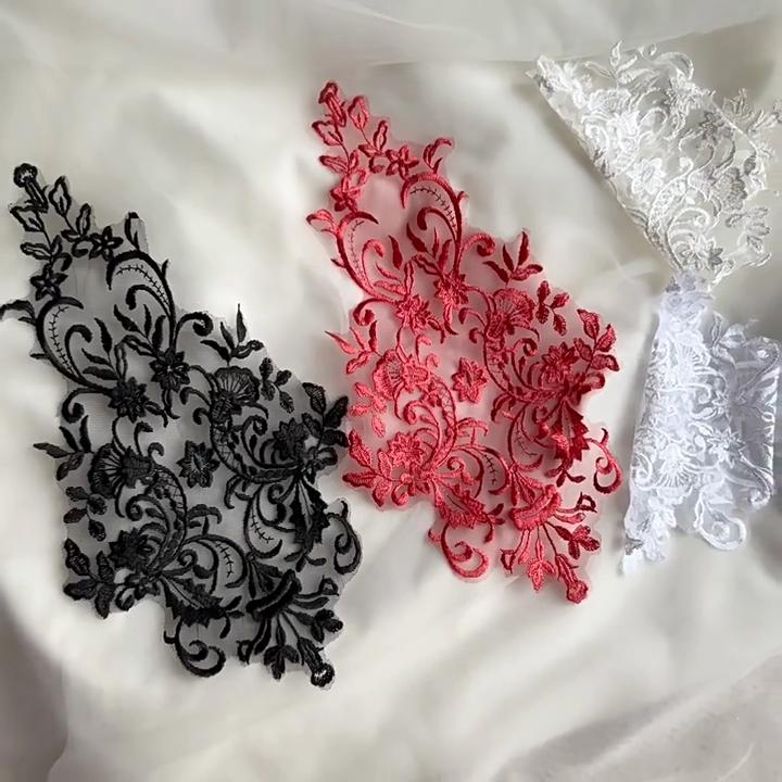 1Pc White Golden Patch Appliques Embroidery Lace Trim Fabric Cloth Sewing Patchwork DIY Craft 42*27cm