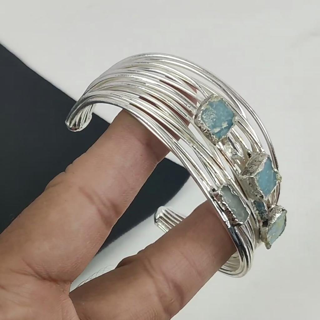 Natural Larimar Gemstone Handmade 925 Sterling Silver Cuff Bangle, Aquamarine Cuff Bangle For Wife, Unisex Cuff Bangle Gift For Him