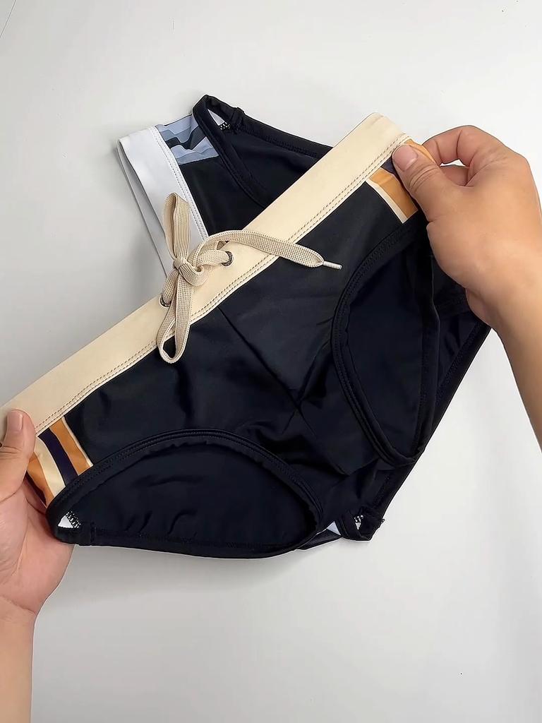 Men Swimwear Swim Briefs Male Sexy Beach Swimsuit Color Block Stripes Nylon Quick Dry
