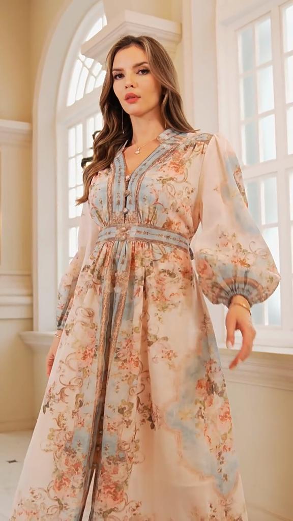 DAFIFY Moda femei primăvară toamnă cu model flori imprimeu mâneci lungi decolteu în V talie largi rochii de cocktail și de seară