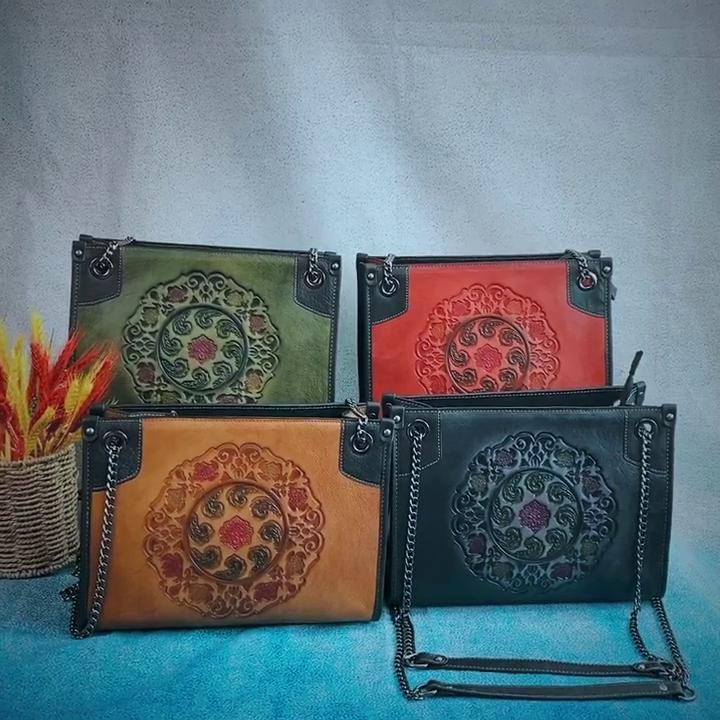 Johnature Retro håndlaget preget dameveske Første lag kuskinn skuldervesker Luksus blomstervesker for kvinner