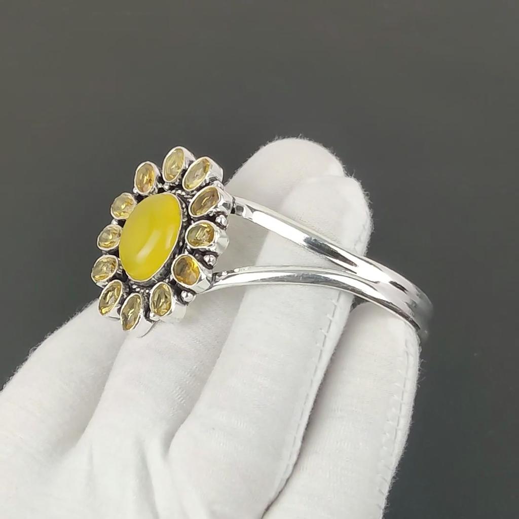 Natural Yellow Onyx Gemstone Handmade Cuff Bangle 925 Sterling Silver Cuff Bangle, Citrine Flower Shape Bracelet For Wife, Unisex Bangle, Gift
