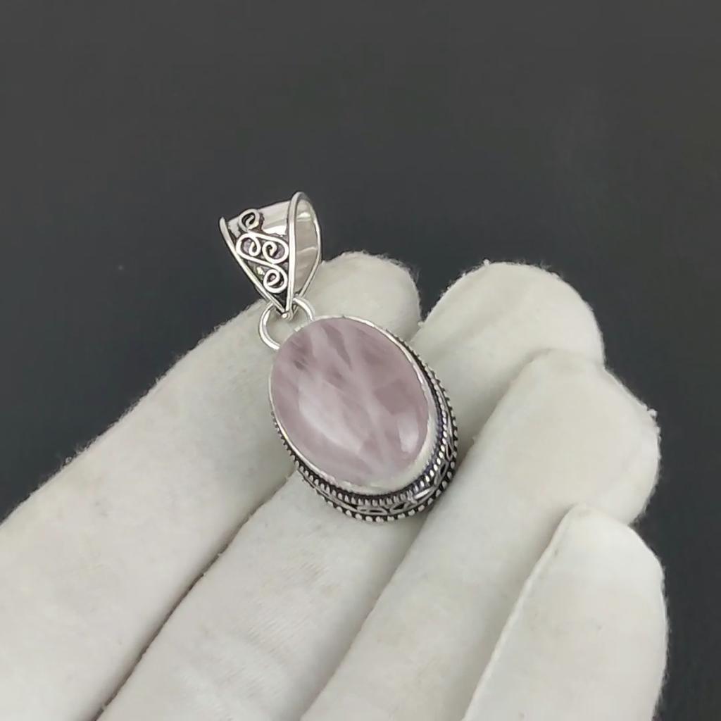 Natural Rose Quartz Gemstone Silver Pendant in 925 Sterling Silver - Handmade Oval Design, Everyday Wear Jewelry Father's Day Gift