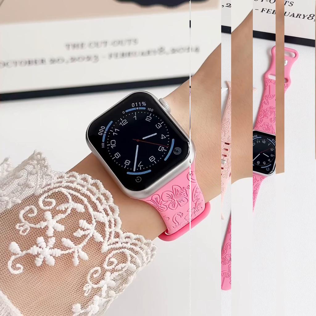 Flamingo flower carving silicone suitable for Apple watch Apple watch Apple strap iWatch sports embossed strap