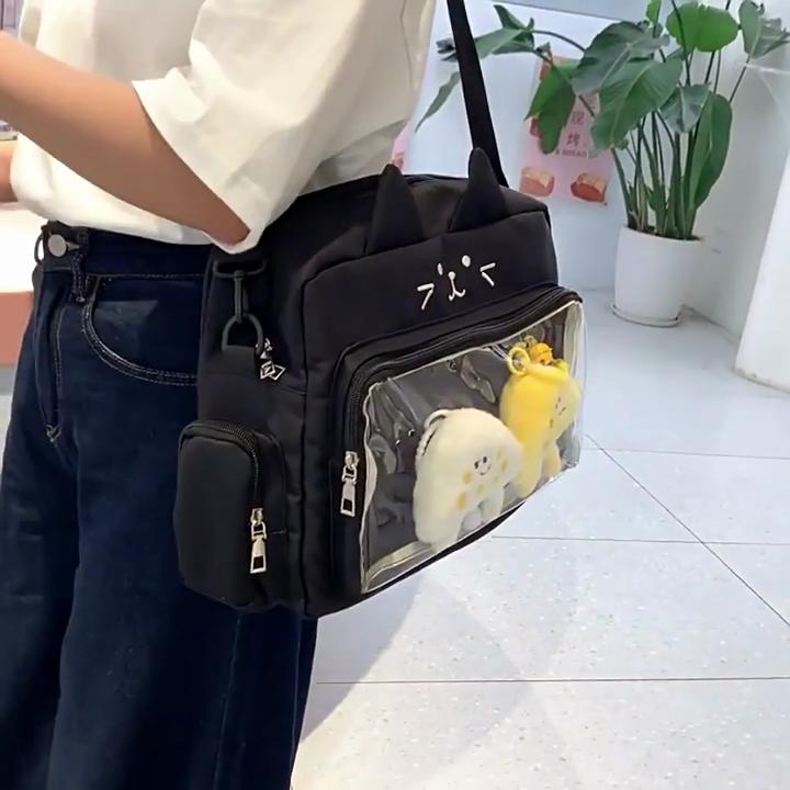 Roztomilá průhledná taška přes rameno s kočkou Velkokapacitní studentská crossbody taška Anime plátěná taška