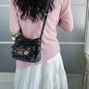 Borsa a Tracolla in Denim da Donna con Ricamo di Gattino Cartone Animato e Multi-scomparti