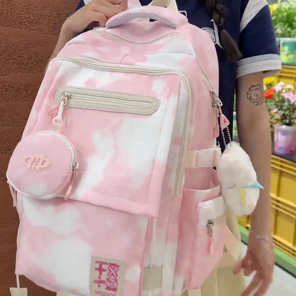 Women's Color Contrast Backpack Junior High School Student Schoolbag Large Capacity Backpack with Coin Purse