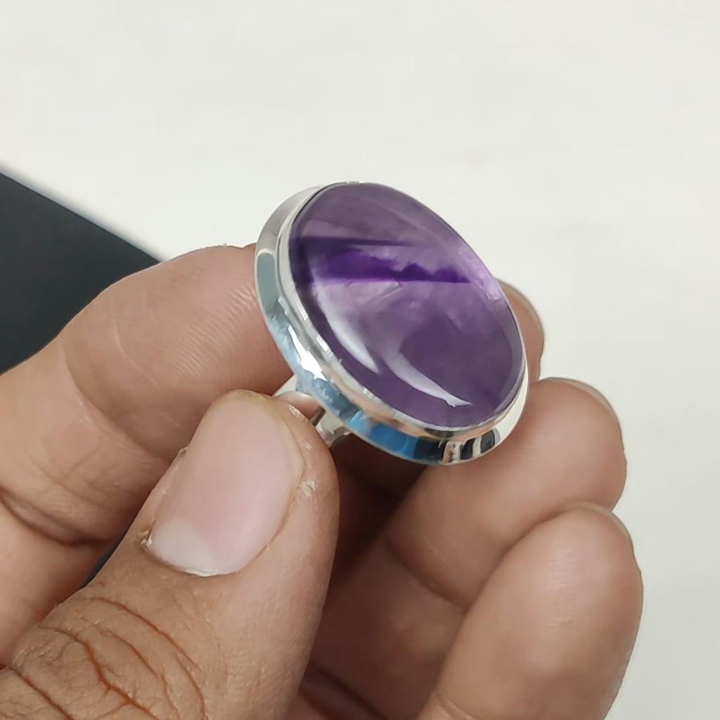 Natural Amethyst Adjustable 925 Sterling Silver Ring - Fits US Sizes 6 to 11 - Handmade Boho Jewelry for Women & Men, Birthday Gifts