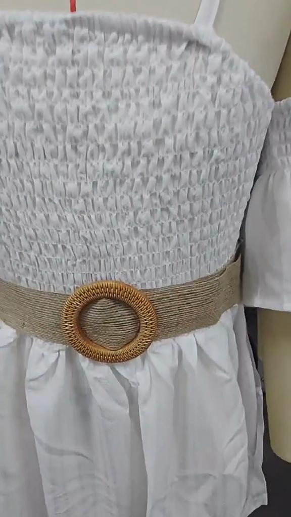 Girls' Fashionable Off-Shoulder Smocked Summer Dress with Belt - Solid Color