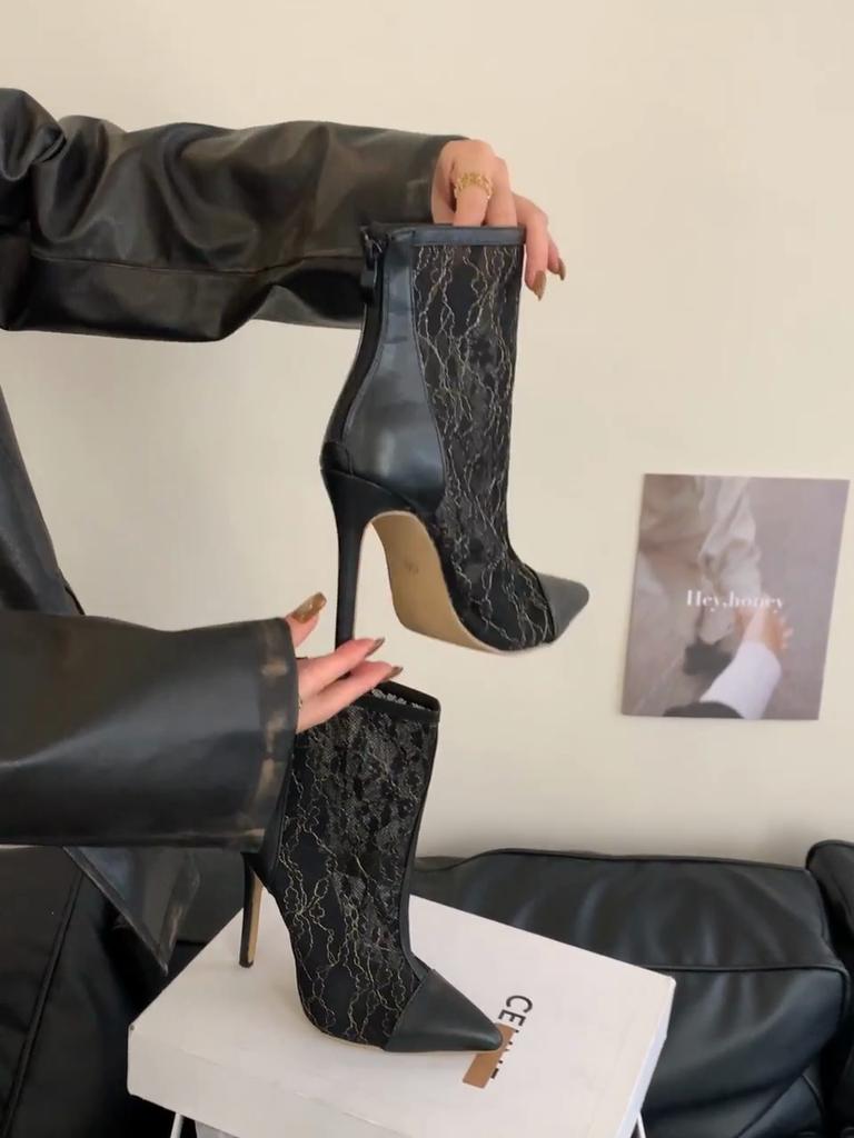 Eilyken Sexy Thin High Heels Women Ankle Boots Designer Mesh Fabric Zipper Spring Autumn Booties Street Style Stripper Shoes